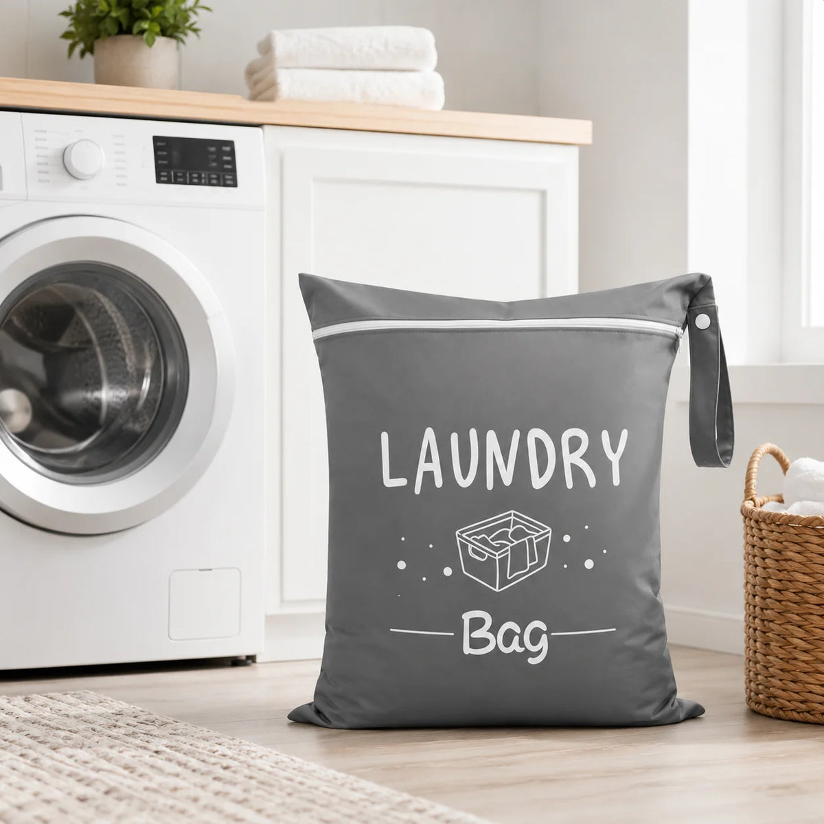A gray fabric laundry bag with the word LAUNDRY printed on it, resting on a wooden shelf next to a white washing machine.