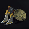 A pair of metal swords with gold hilts and a circular ornament are displayed against a dark background.