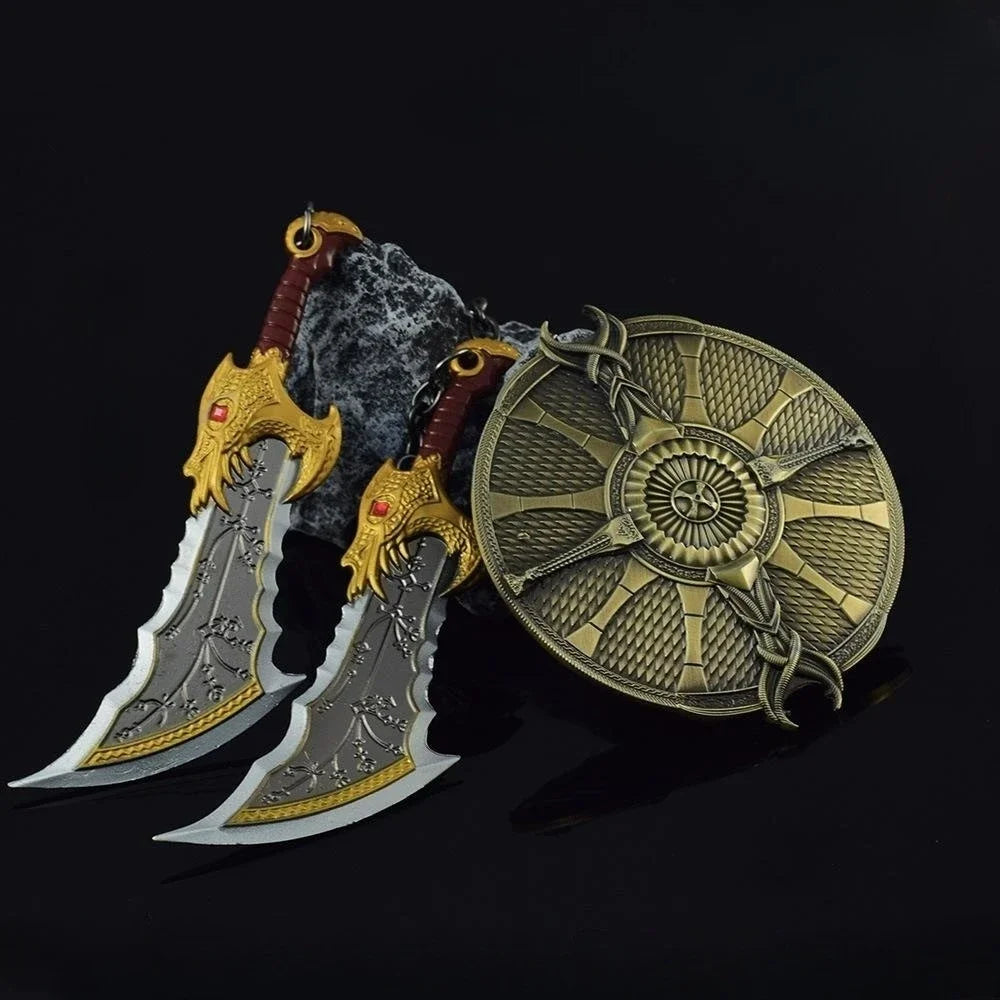 A pair of metal swords with gold hilts and a circular ornament are displayed against a dark background.