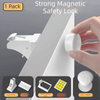 A hand is shown installing a strong magnetic safety lock onto a white cabinet door, with various components displayed below.