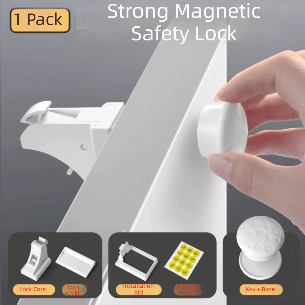 A hand is shown installing a strong magnetic safety lock onto a white cabinet door, with various components displayed below.