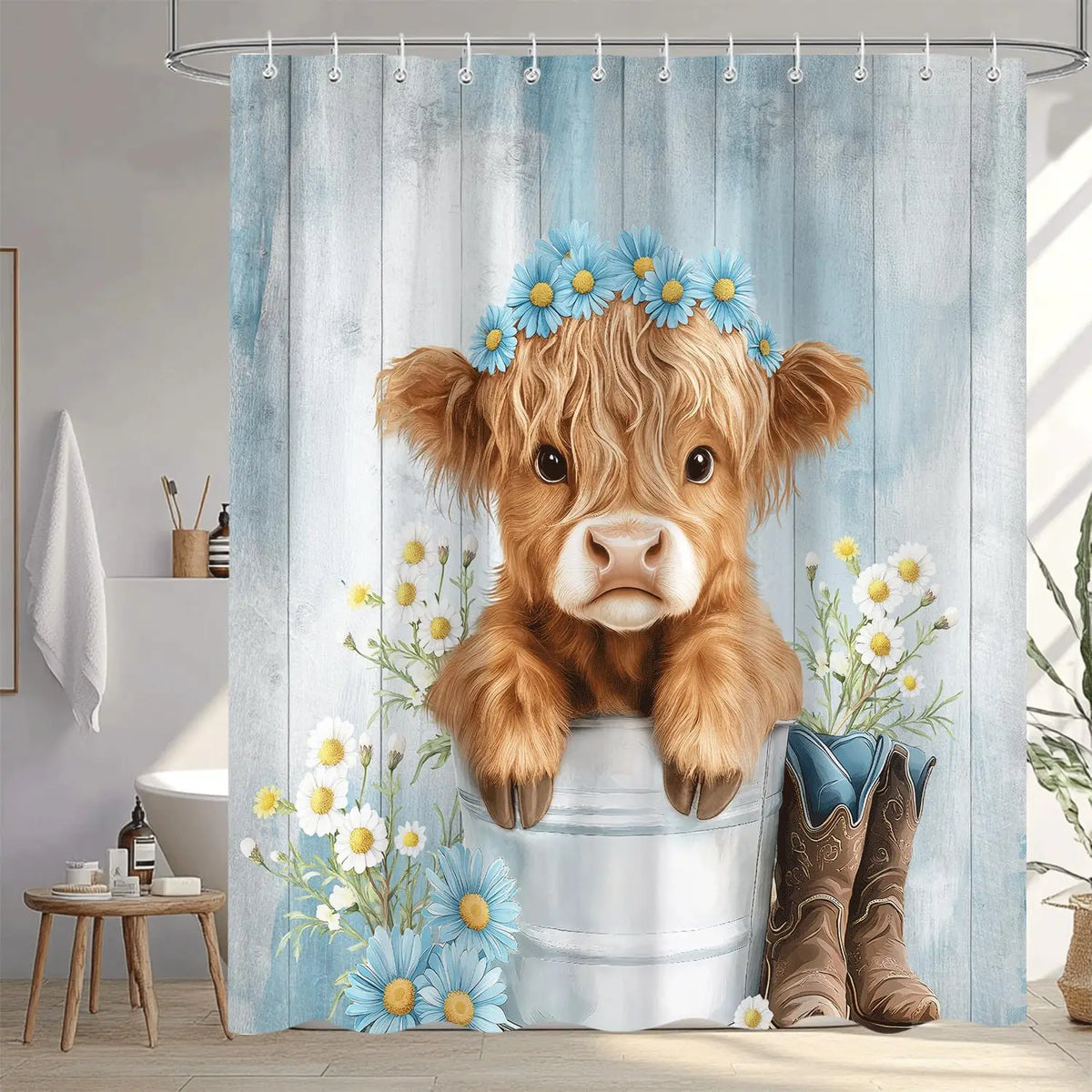 A Highland cow shower curtain featuring a brown cow head with blue flowers, displayed in a rustic farmhouse bathroom setting.