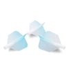Two light blue precision dart flights with a big wing shape and graduated colors shown against a white background.