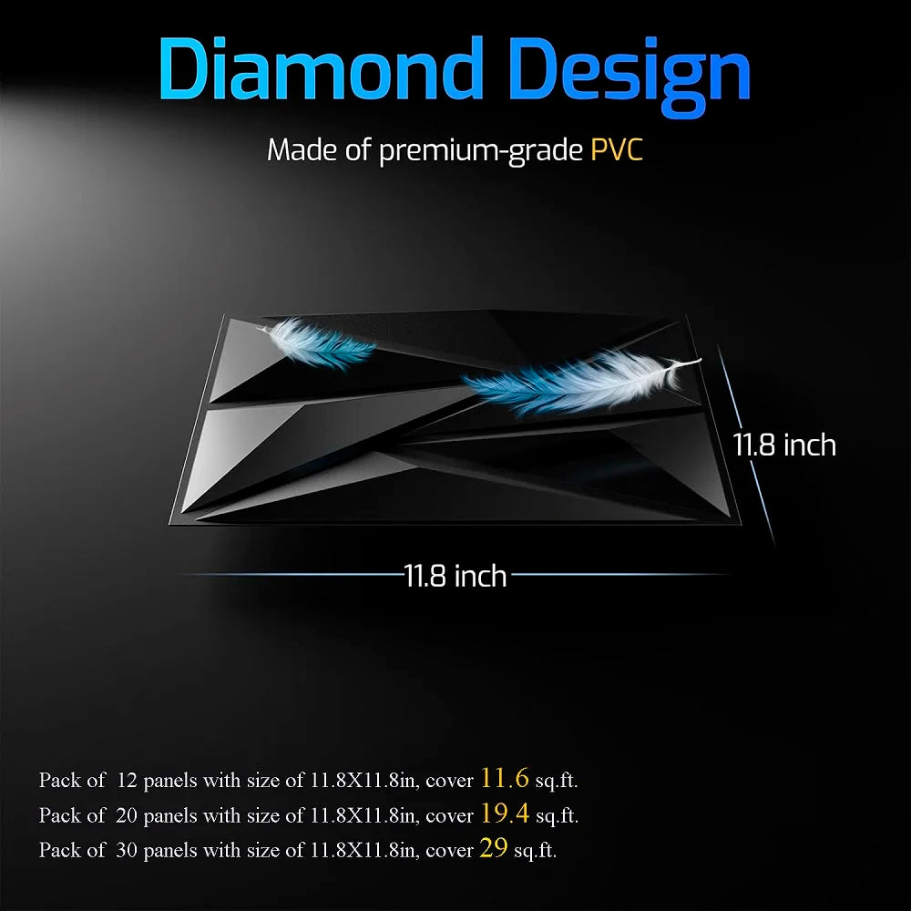 Black diamond-textured PVC wall panels with blue feather accents shown in a modern design.