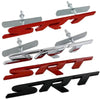 A set of metal front stickers or emblems shaped like the SRT logo in red and black.