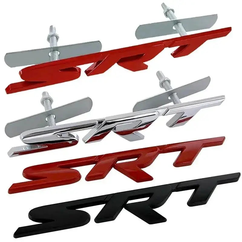 A set of metal front stickers or emblems shaped like the SRT logo in red and black.