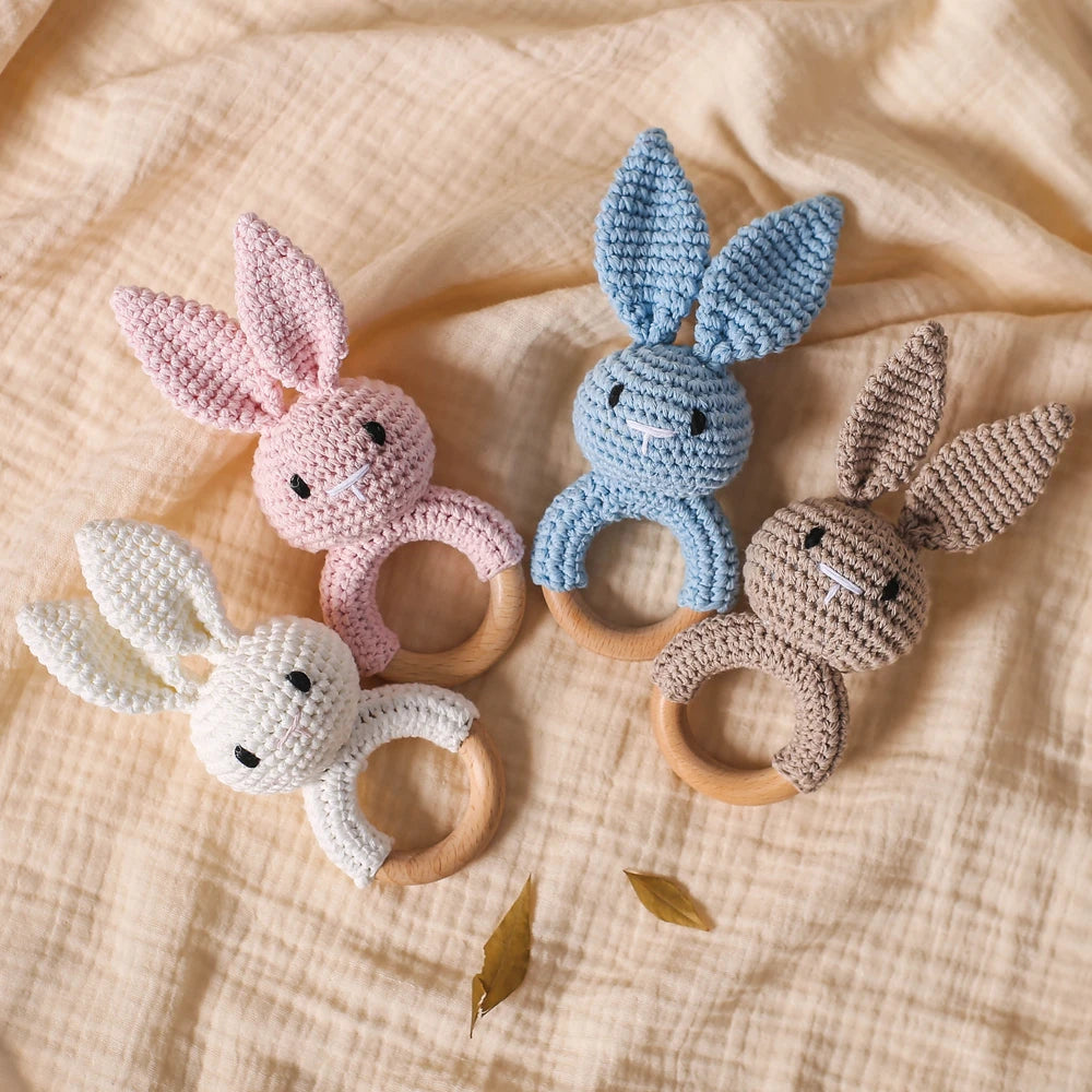 Handmade Crochet Bunny Rattle with Wooden Teether for Babies