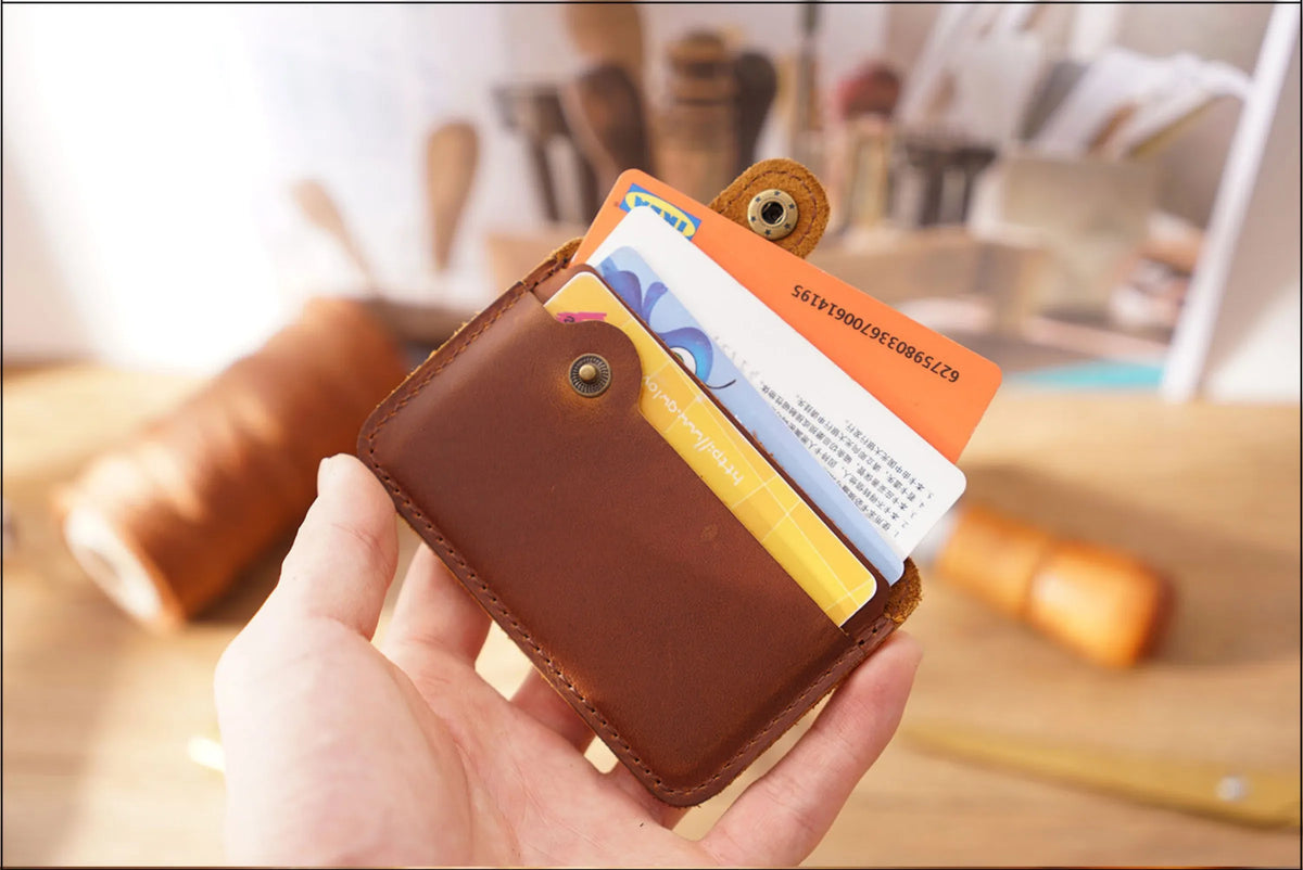 Vintage Leather Slim Card Holder with Snap Closure