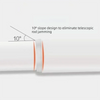 A close-up view showing a 10 degree slope design on a white curtain rod to eliminate telescoping rod jamming.