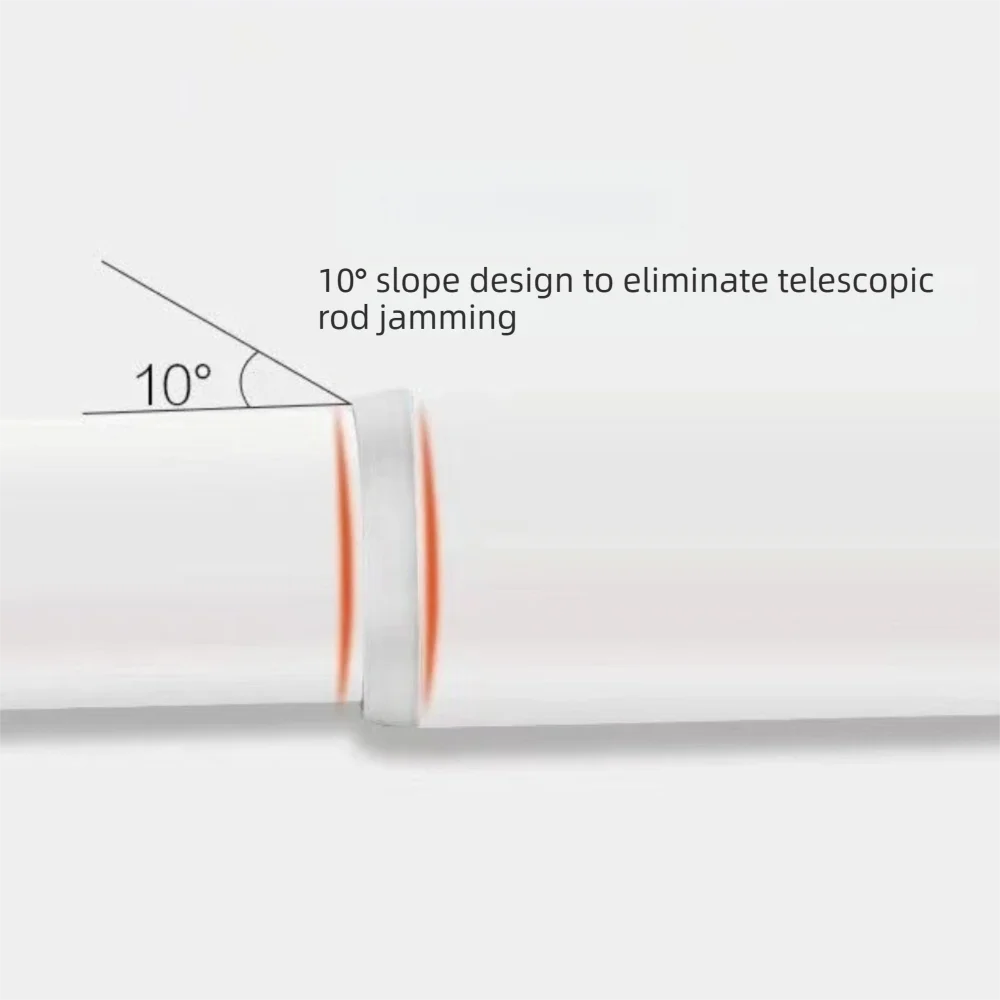 A close-up view showing a 10 degree slope design on a white curtain rod to eliminate telescoping rod jamming.