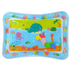 A blue inflatable baby water play mat featuring colorful floating sea animals and tropical elements.