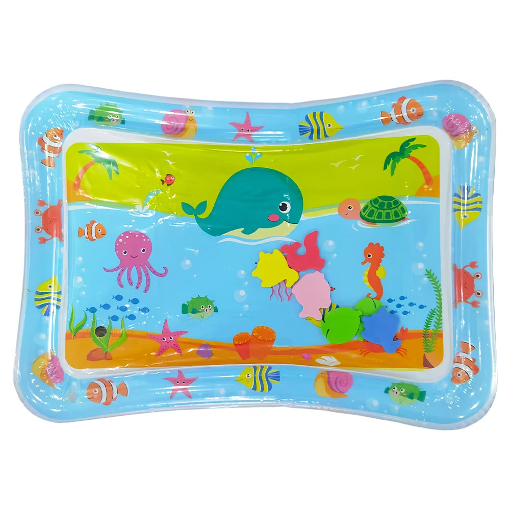 A blue inflatable baby water play mat featuring colorful floating sea animals and tropical elements.