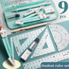 A complete geometry drawing set featuring rulers, a compass, and a protractor packaged in a clear plastic case.