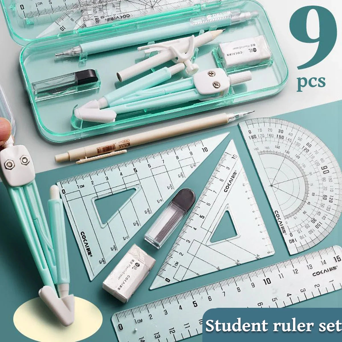 A complete geometry drawing set featuring rulers, a compass, and a protractor packaged in a clear plastic case.