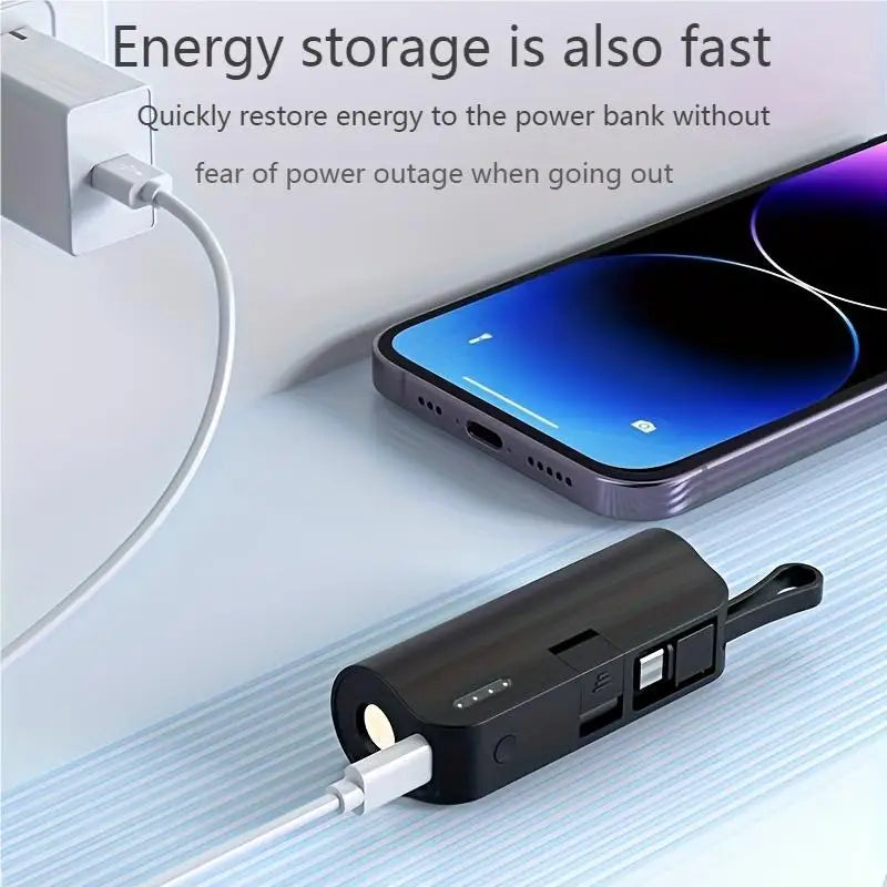Pocket-Size 5000mAh Power Bank with Built-in Cable, LED Light & Phone Stand