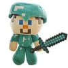 A soft plush doll resembling Minecraft Steve with a teal green outfit and a sword accessory.