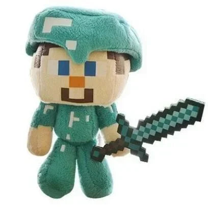 A soft plush doll resembling Minecraft Steve with a teal green outfit and a sword accessory.