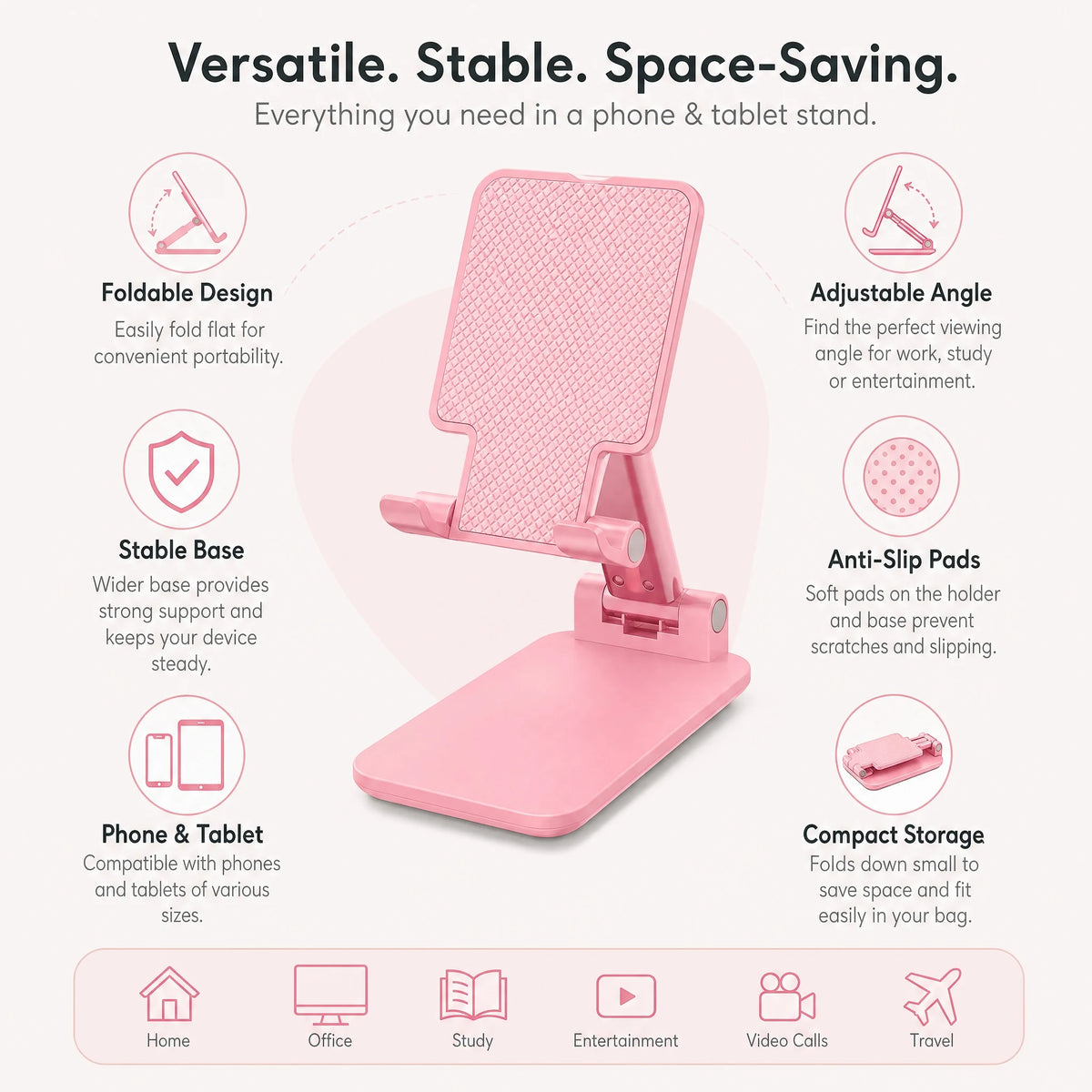 Pink Foldable Phone & Tablet Stand with Adjustable Viewing Angle