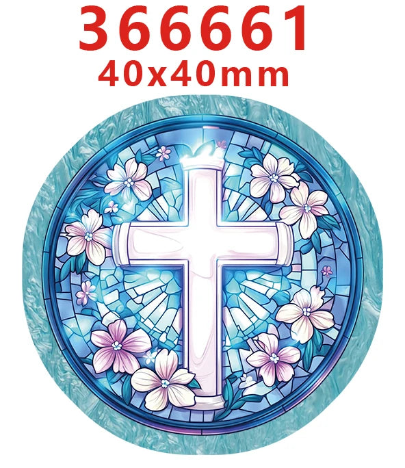 A round stained glass style acrylic cross hair bow decoration with a floral design.