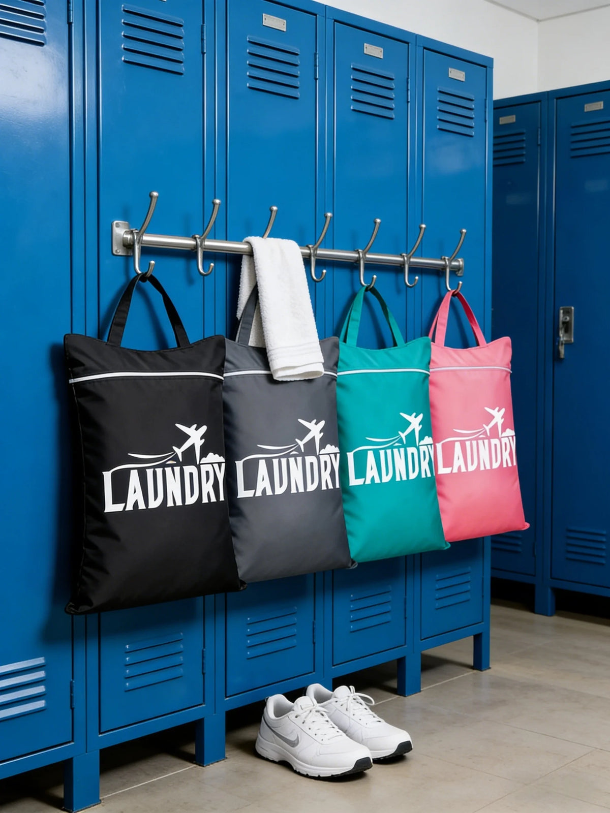 A row of blue laundry cabinets displaying various colored fabric laundry bags.