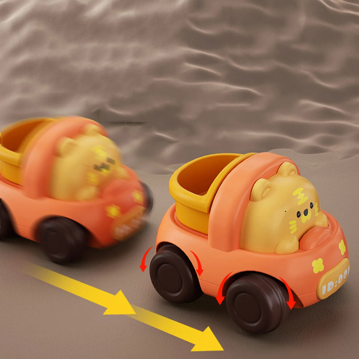 An orange push-and-go toy car shaped like a bear, with a yellow interior and visible wheels.
