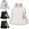Three versions of a women's anti-theft vegan leather backpack in white, black, and pink.