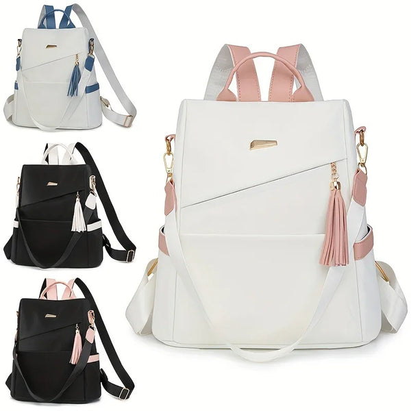Three versions of a women's anti-theft vegan leather backpack in white, black, and pink.