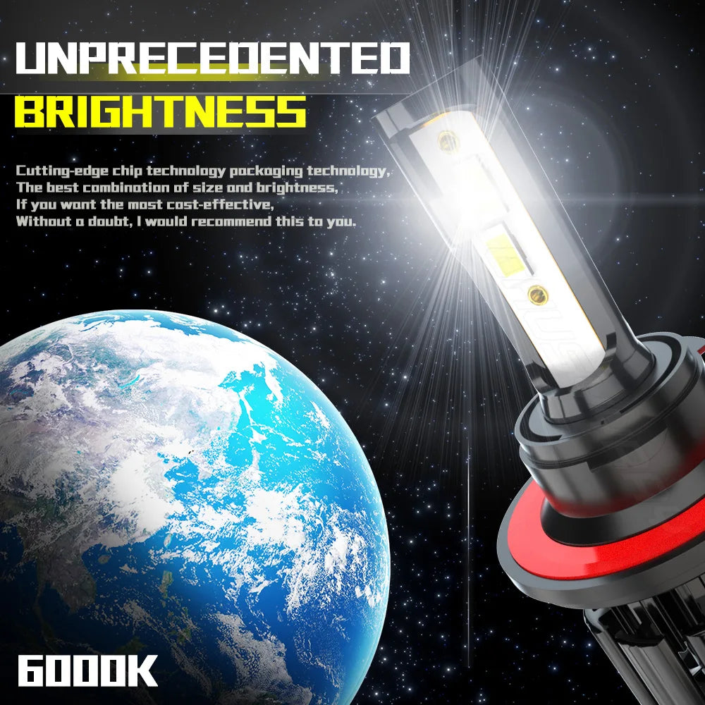 A close-up of a bright LED headlight bulb illuminating the surface of Earth against a dark, starry background.