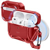A red case for AirPods Pro 3 earbuds with a magnetic lock and drop protection feature.