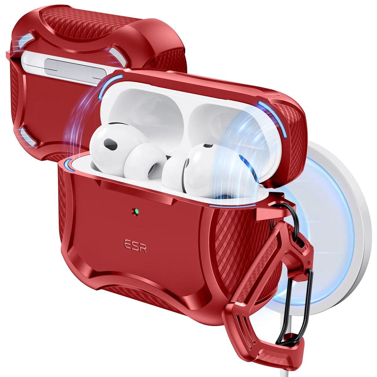 A red case for AirPods Pro 3 earbuds with a magnetic lock and drop protection feature.
