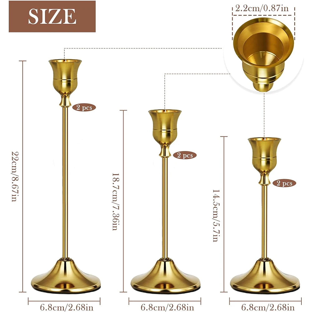 Set of 6 Gold Brass Taper Candle Holders with Weighted Base