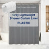Gray lightweight plastic shower curtain liner with plastic C-shape hooks included
