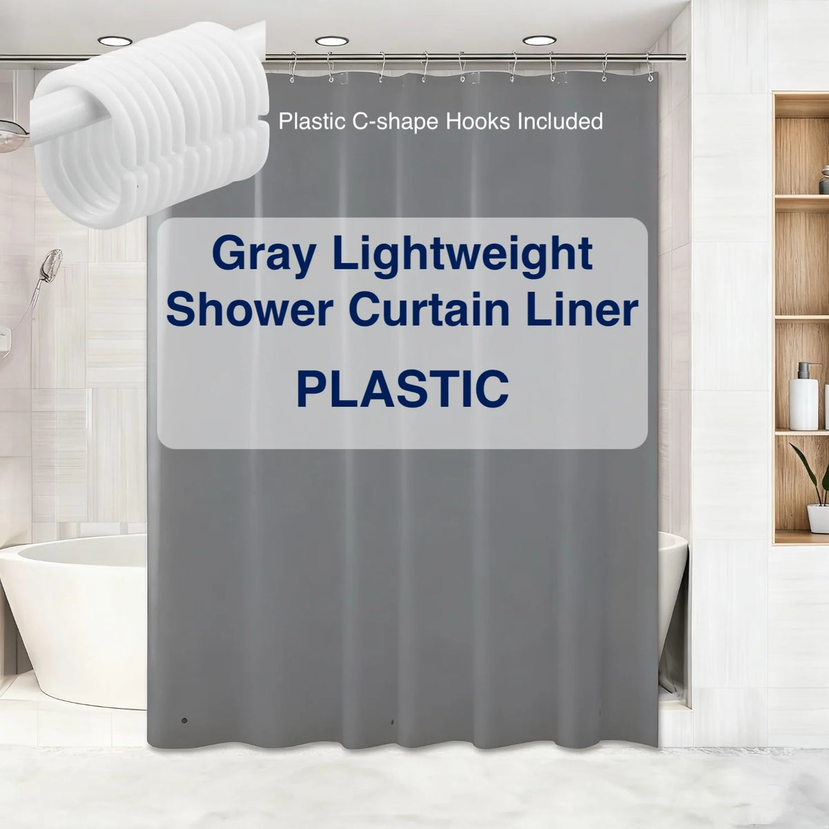 Gray lightweight plastic shower curtain liner with plastic C-shape hooks included