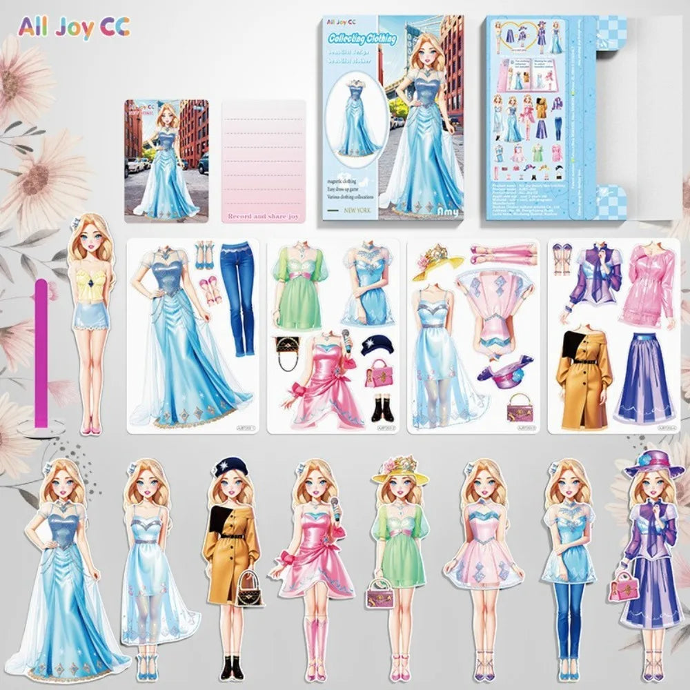 A collection of princess magnetic dress-up playsets featuring various gowns and accessories for children.