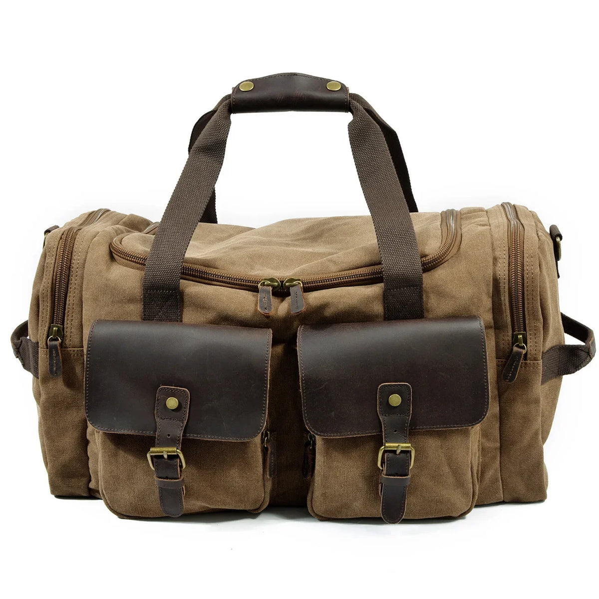 A tan canvas duffel bag with brown leather accents and carrying handles.