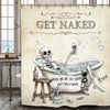 A shower curtain featuring a bold black and white illustration of a skull relaxing in a bathtub.