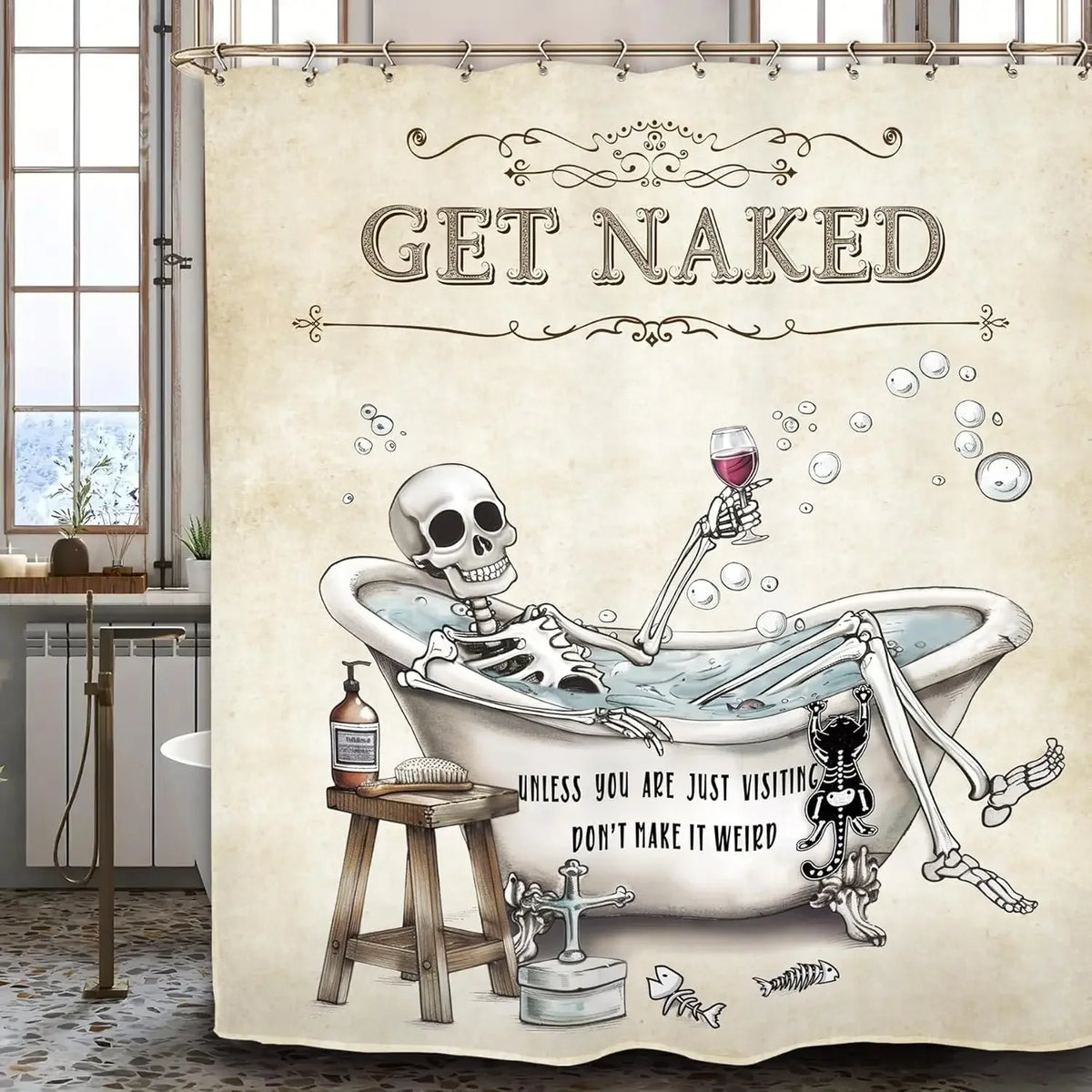 A shower curtain featuring a bold black and white illustration of a skull relaxing in a bathtub.