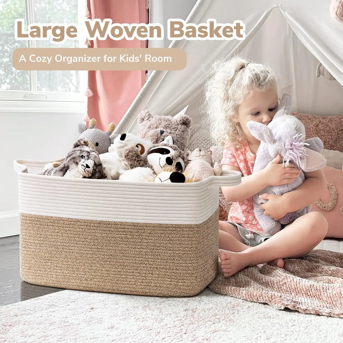 A large woven basket filled with soft stuffed animals used as a cozy organizer for a kid's room