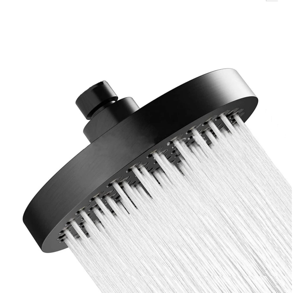 A black 6-inch high-pressure rainfall shower head with fine nozzles is shown.