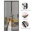 A vertical screen door panel with a mesh fabric and magnetic strips for mosquito protection.