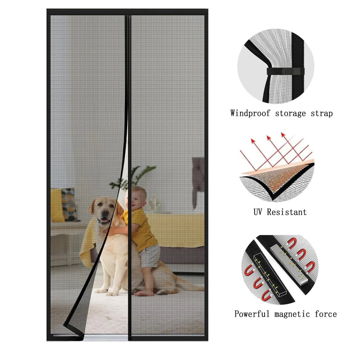 A vertical screen door panel with a mesh fabric and magnetic strips for mosquito protection.