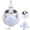 A white foldable solar camping lantern with a handle and charging port is shown.