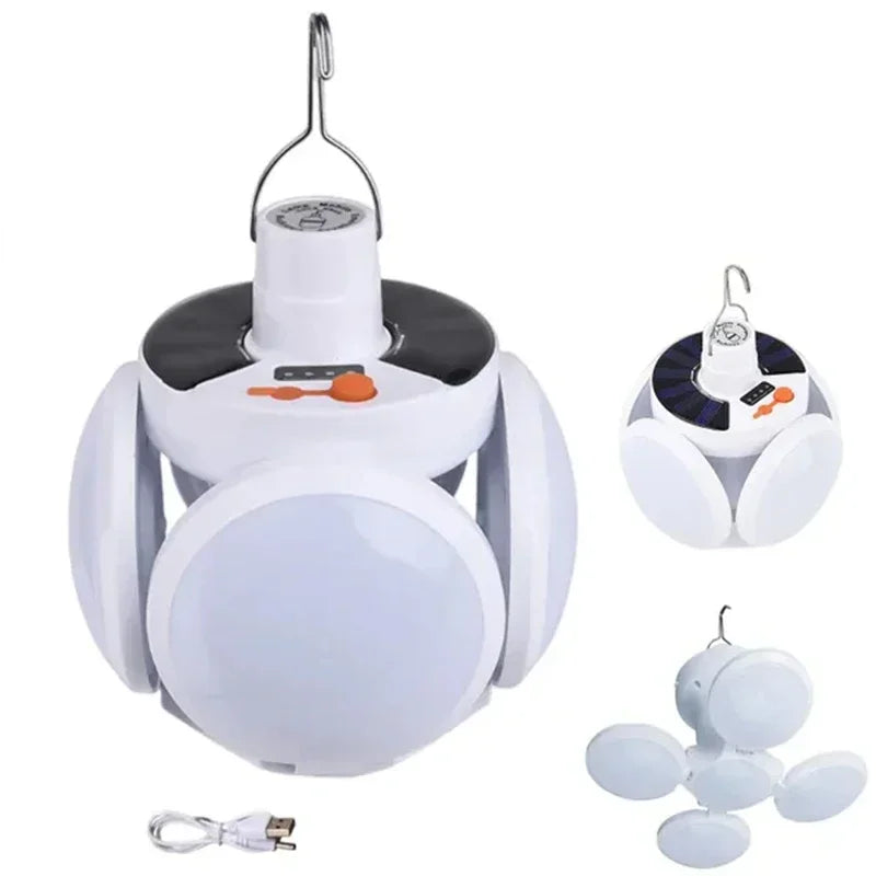 A white foldable solar camping lantern with a handle and charging port is shown.