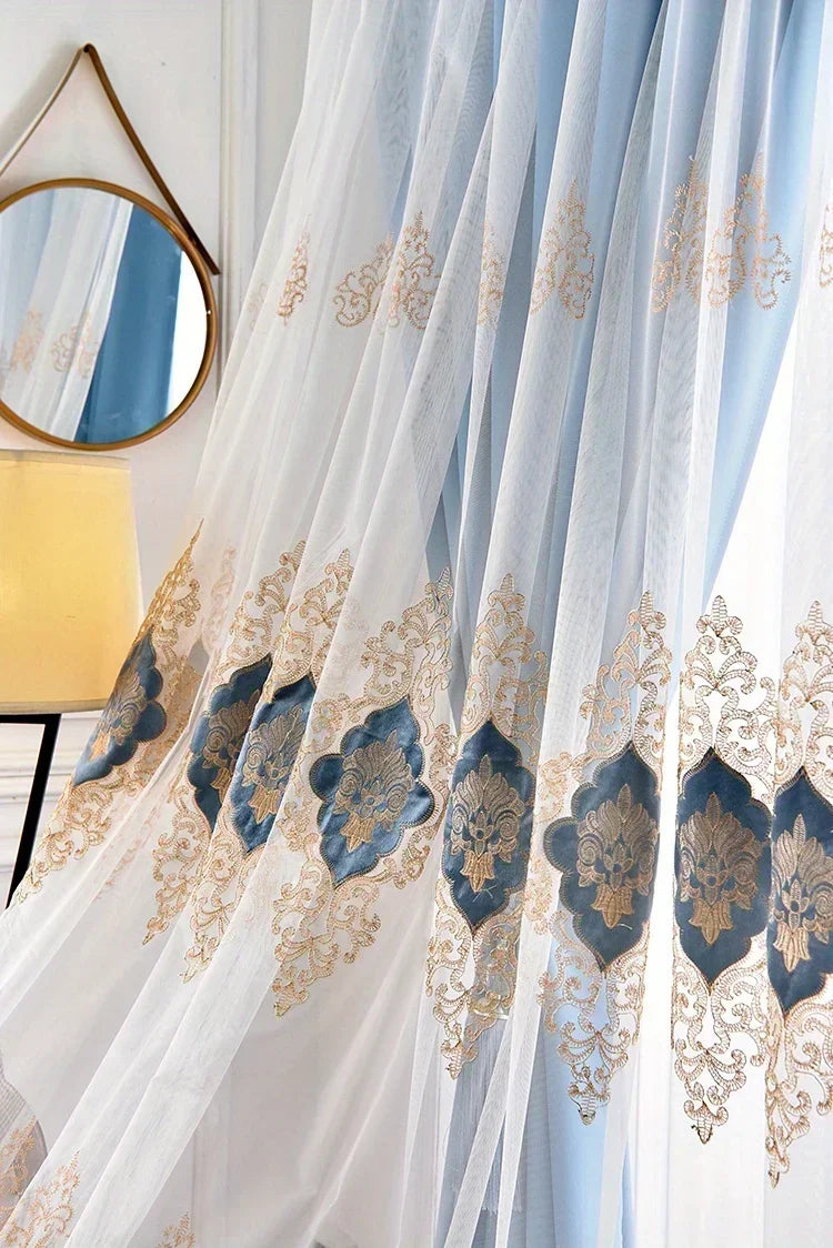 Embroidered Gauze Curtain with Floral Design