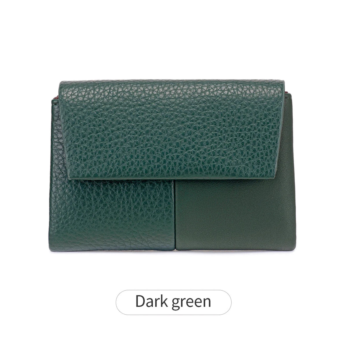 A dark green RFID-blocking tri-fold wallet with a zippered coin pocket shown flat.