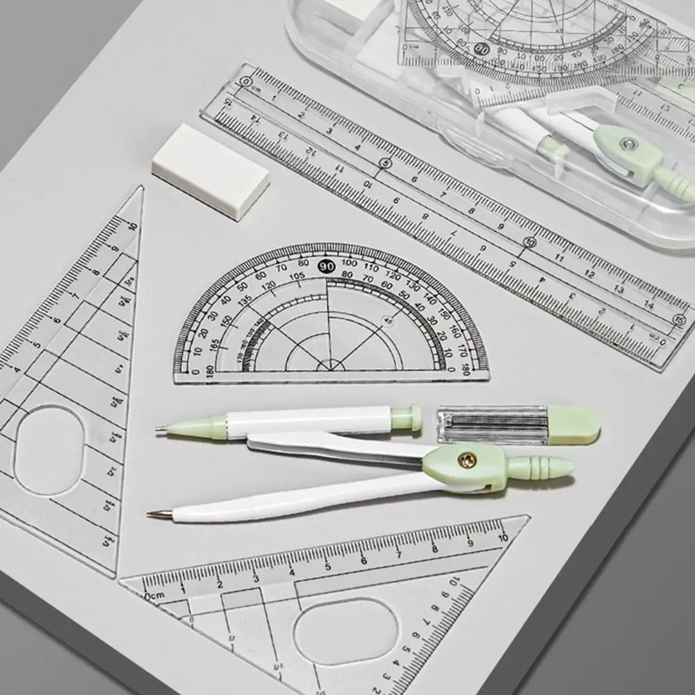 8-Piece Geometry Set – Transparent Rulers, Protractor, Compass & Eraser