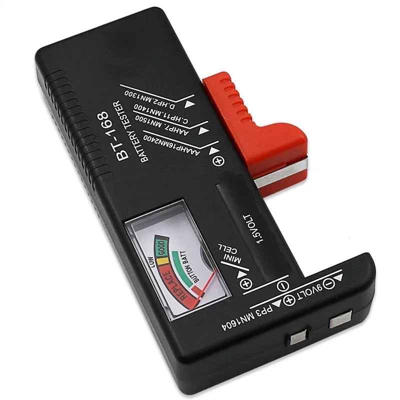 Black universal battery tester device showing various battery cell indicators