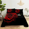 Black bedding set featuring a large red rose 3D digital print design.