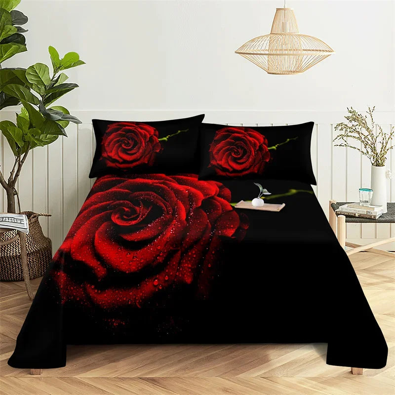Black bedding set featuring a large red rose 3D digital print design.