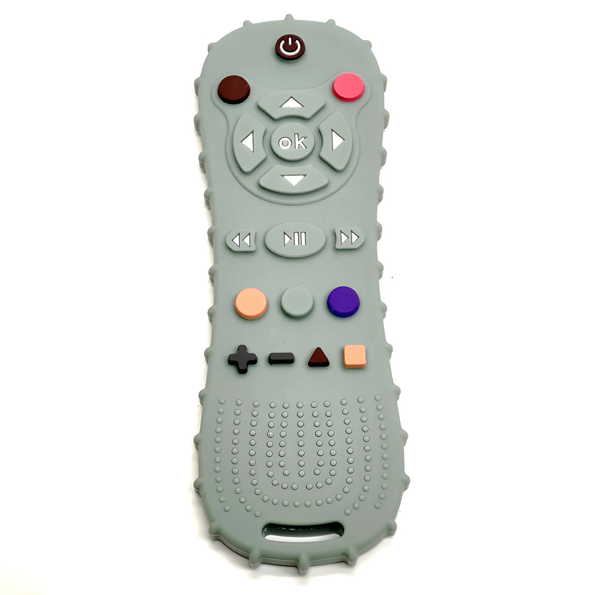 A silicone baby teether shaped like a pacifier with various buttons and textures.